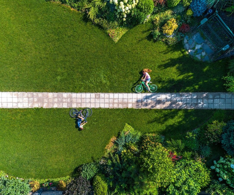 photography, aerial view, nature, landscape, children, bicycle, path, humor, trees, grass, garden, tiles, lawns, shadow, lying on side