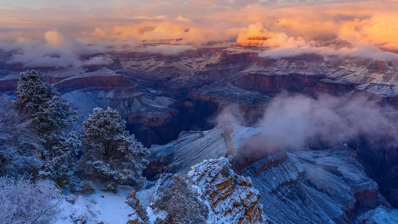Arizona, nature, landscape, USA, winter, rock, snow, canyon, clouds