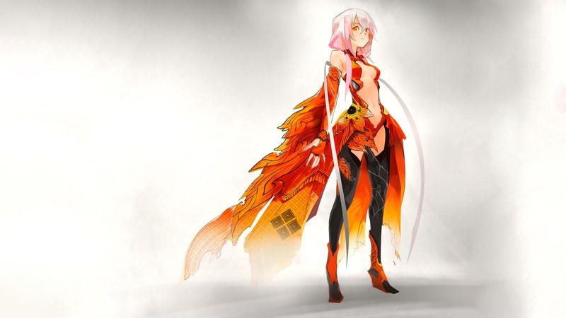 anime, anime girls, long hair, Guilty Crown, Inori Yuzuriha, pink hair, navels, orange eyes, bare shoulders, detached sleeves, gloves, bodysuit, boots, simple background