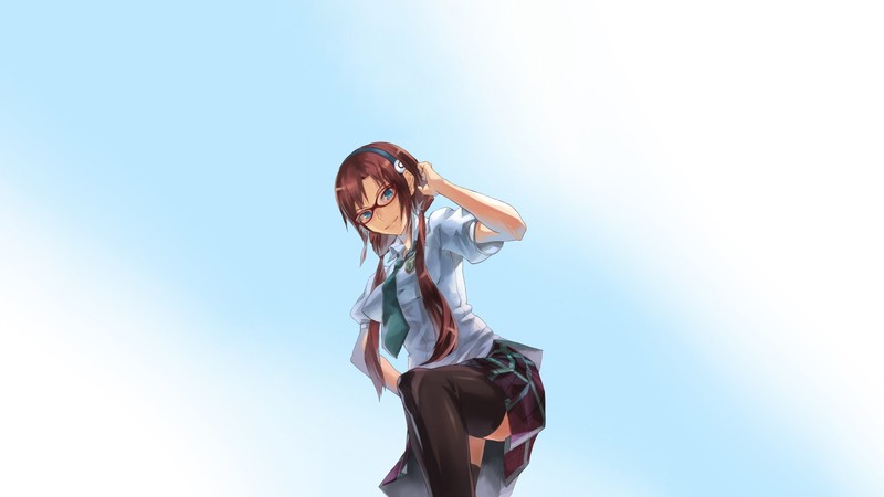 Neon Genesis Evangelion, anime, anime girls, simple background, Makinami Mari Illustrious, Makinami Mari, brunette, long hair, meganekko, glasses, shirt, skirt, thigh-highs, blue eyes, school uniform