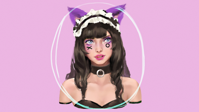 original characters, women, fantasy girl, cat girl, cat ears, animal ears, maid, black hair, long hair, blue eyes, looking away, tongues, pink lipstick, bare shoulders, cleavage, pink background, simple background, minimalism, circle, portrait, artwork, drawing, digital art, illustration, 2D, collar