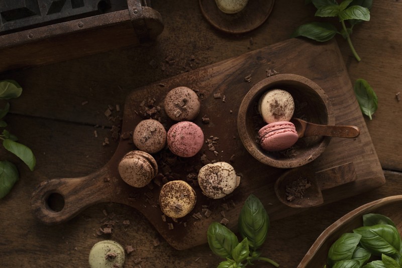 food, sweets, chocolate, leaves, cutting board, basil, Macarons