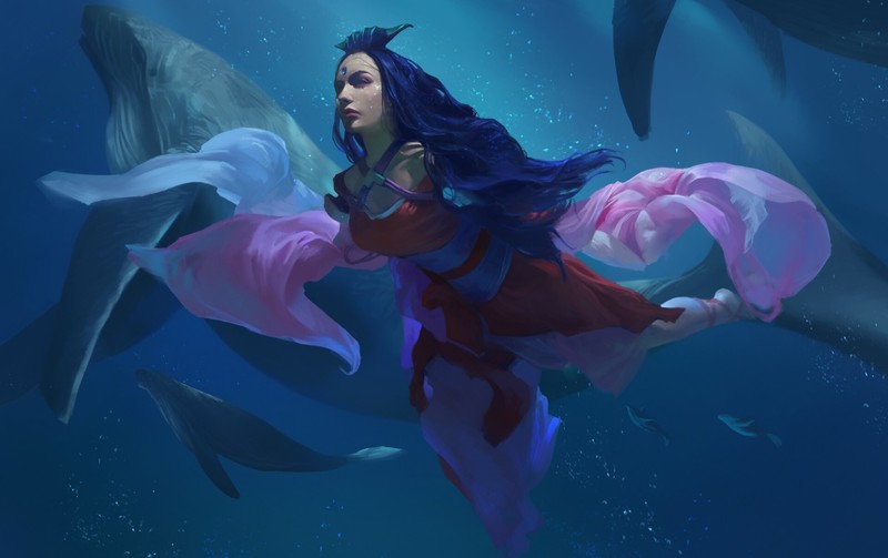 women, fantasy girl, long hair, kimono, fantasy art, whale, animals, underwater, deep sea, swimming, blue, artwork, drawing, digital art, illustration, Fu Chenqi