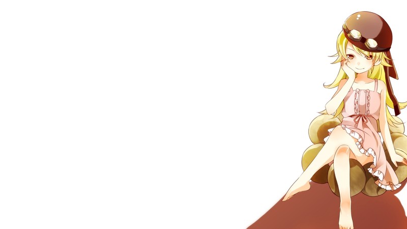 anime girls, simple background, anime, Monogatari Series, Oshino Shinobu, long hair, dress, helmet, donut, blonde, orange eyes, sitting, fangs