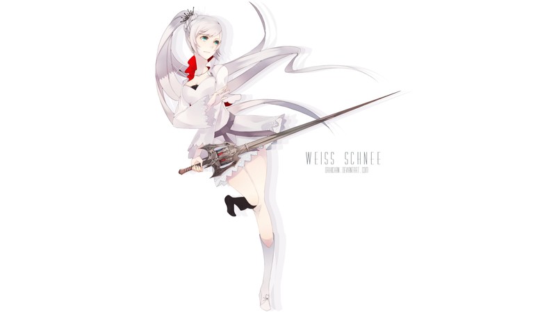 anime girls, simple background, anime, RWBY, Weiss Schnee, white hair, long hair, dress, weapon, sword, ponytail, necklace, blue eyes, crown