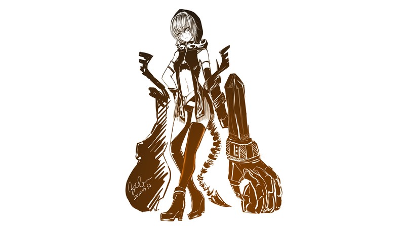 Black Rock Shooter (series), Strength (Black Rock Shooter), anime girls, simple background, anime, white hair, short hair, thigh-highs, hoods