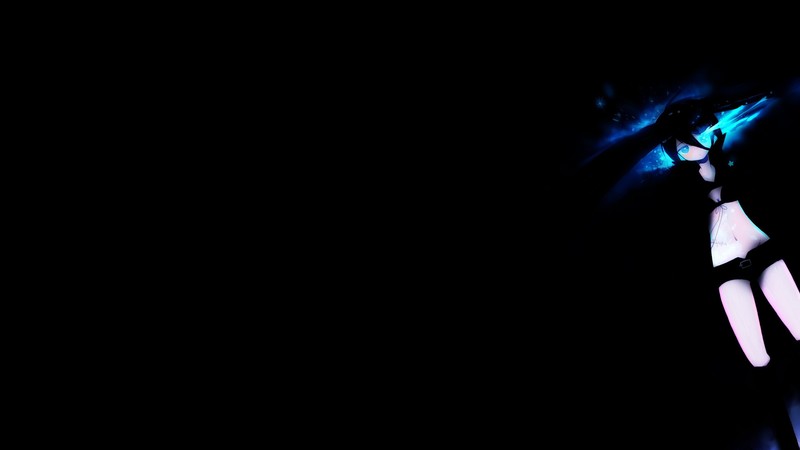 Black Rock Shooter (series), simple background, Black Rock Shooter, long hair, bikini top, shorts, twintails, glowing eyes, blue eyes, black hair, anime girls, anime