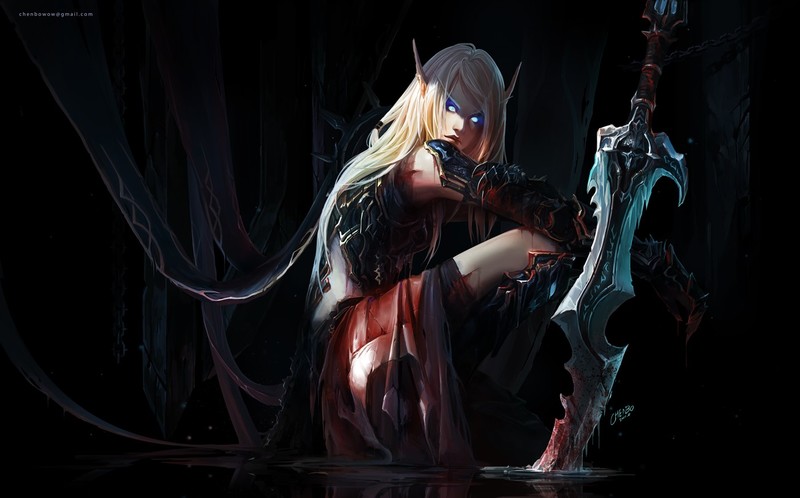 Chenbo, fantasy art, fantasy girl, armor, Warcraft, World of Warcraft, Blood Elf, Death Knight, weapon, long hair, pointed ears, blonde, blue eyes, blood, scars, sword, squatting, chains