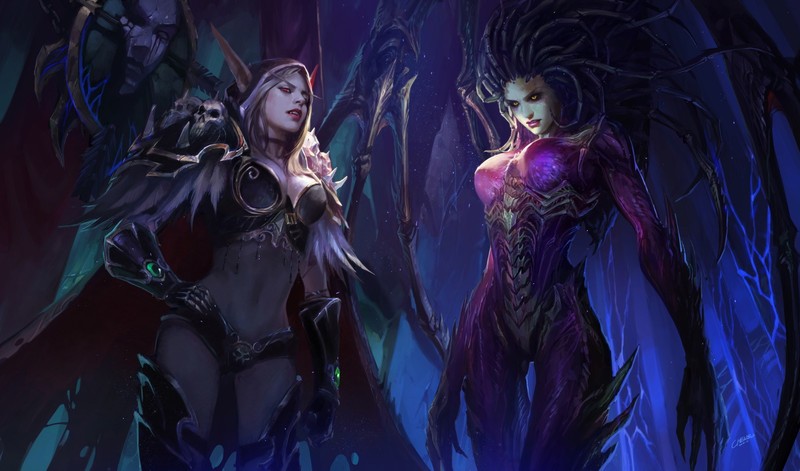Warcraft, Chenbo, StarCraft, World of Warcraft, Sarah Kerrigan, Sylvanas Windrunner, fantasy art, elves, wings, pointy ears, cave, armor, bikini armor, fantasy girl, crossover, cloaks