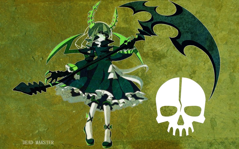 anime girls, Black Rock Shooter (series), simple background, Dead Master, short hair, dress, weapon, pants, scythe, veils, meganekko, glasses, wings, horns, claws, collar, black hair, green eyes