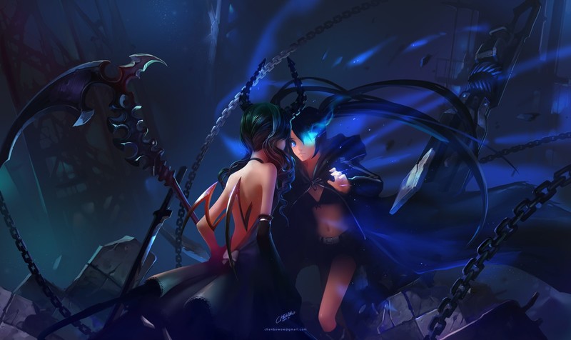Chenbo, fantasy art, fantasy girl, Black Rock Shooter (series), Black Rock Shooter, Dead Master, anime, anime girls, weapon, wings, dress, bikini top, long hair, horns, bareback, scythe, chains, gun, ruins, shorts, glowing eyes, blue eyes, black hair, green hair, navels, sword, twintails, belt, gloves, coats