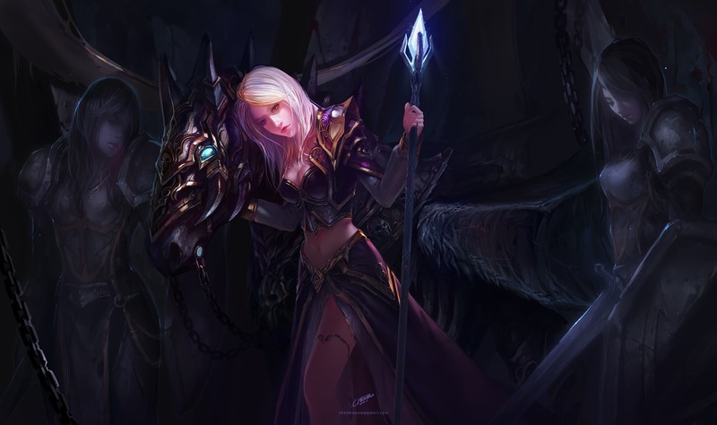 Chenbo, fantasy art, fantasy girl, armor, Warcraft, World of Warcraft, Jaina Proudmoore, weapon, long hair, blonde, cleavage, chains, horse, dress, jewelry, navels, necklace, Pegasus, shield, sword, staff, white hair
