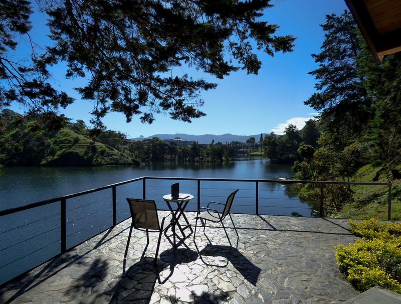 landscape, chair, lake, trees, outdoors