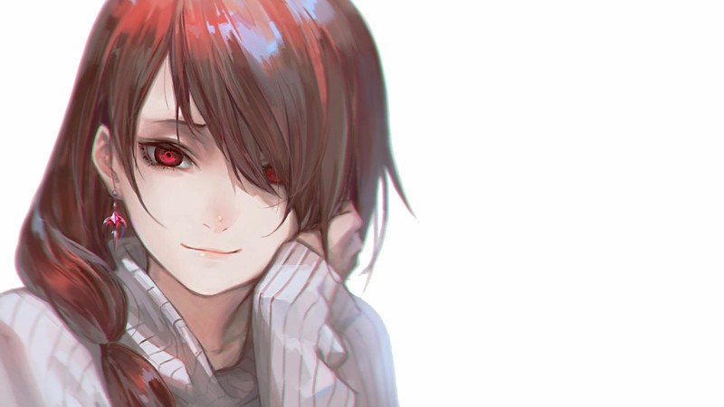red eyes, simple background, anime girls, anime, brunette, smiling, face, white background
