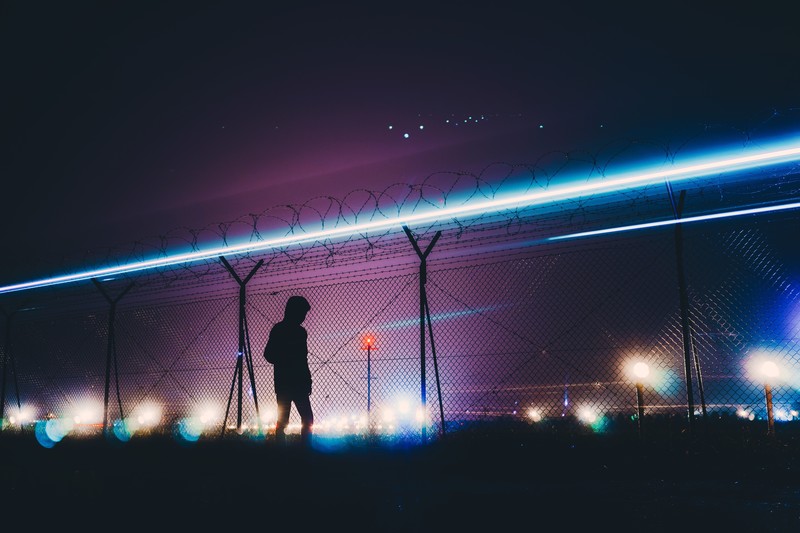 Verona, airport, Italy, silhouette, lights, urban, night, light trails, long exposure, dark, sky, night sky, fence, barbed wire, grid, wire, outdoors