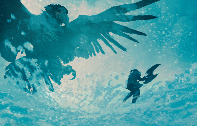 raven, creature, birds, claws, wings, Vikings, warrior, weapon, axes, snow, battle, dark fantasy, environment, fantasy art, artwork, Anato Finnstark, sea