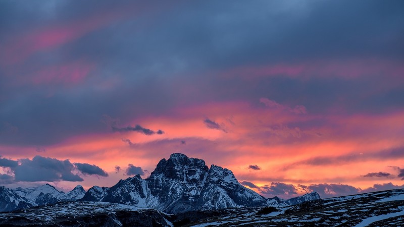 mountains, sky, clouds, peak, snowy mountain, sunset, Italy, snow, dusk