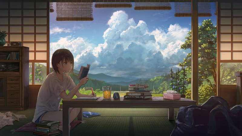 anime, anime girls, sky, black hair, original characters, clouds, room, interior, moescape