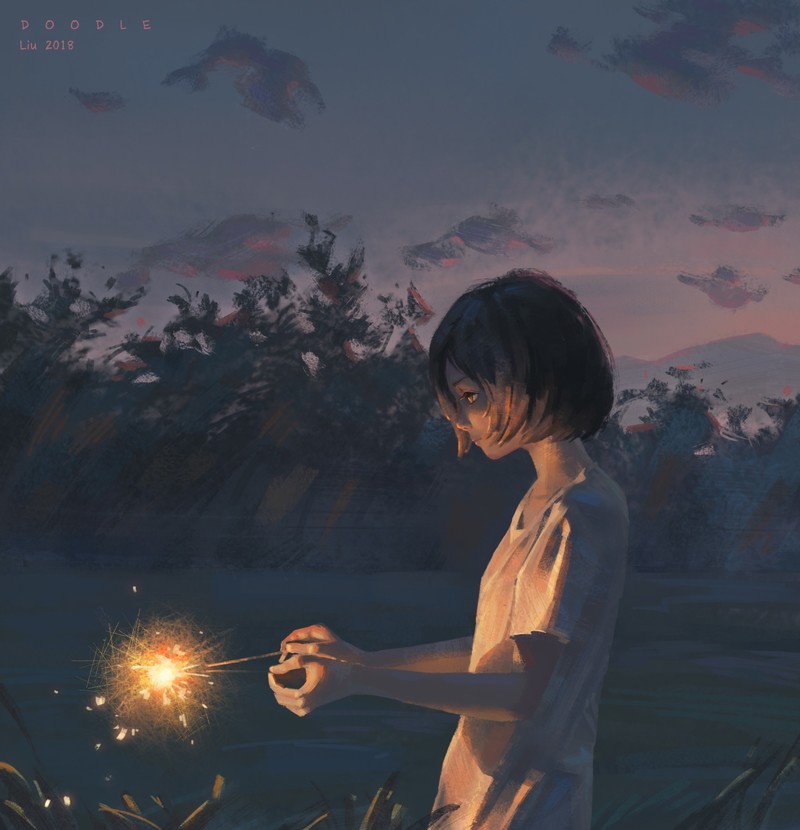 anime, anime girls, night, black hair, fireworks