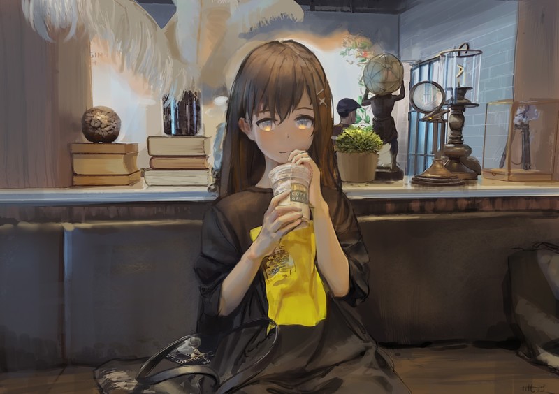 anime, anime girls, original characters, drink