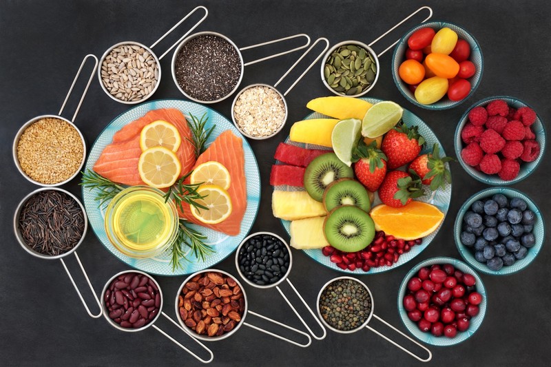 food, fruit, colorful, strawberries, kiwi (fruit), fish, spices, tomatoes, salmon, lemons, blueberries, raspberries, limes, cherries, pomegranate, nuts, beans, seeds, top view