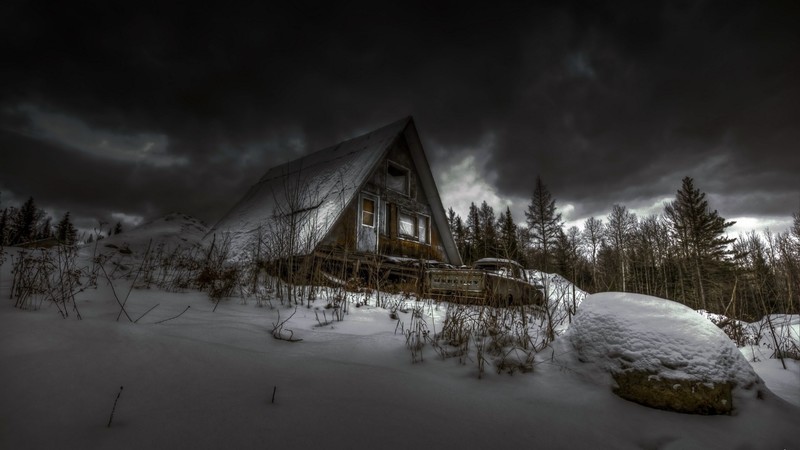 dark, house, sky, winter, cold, snow, cabin, forest, landscape, HDR, overcast, abandoned