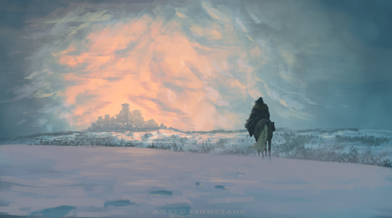 Arya Stark, Game of Thrones, Winterfell, coats, horse, snow, clouds, series, winter, environment, fan art, artwork, drawing, illustration, digital art, digital painting, Anato Finnstark, horizon, North, House Stark, Winter Is Coming