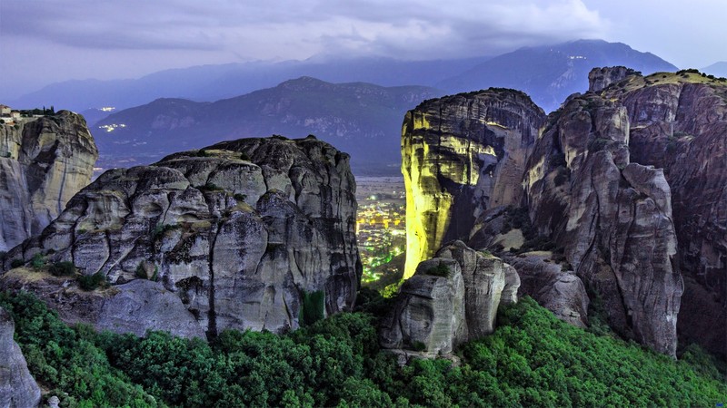 rocks, mountains, forest, Meteora, evening, sky, nature, landscape, Greece