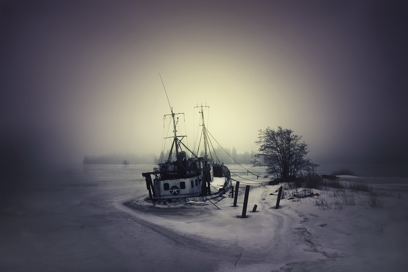 dark, ice, cold, winter, boat, vehicle, frozen lake, shipwreck, mist, filter