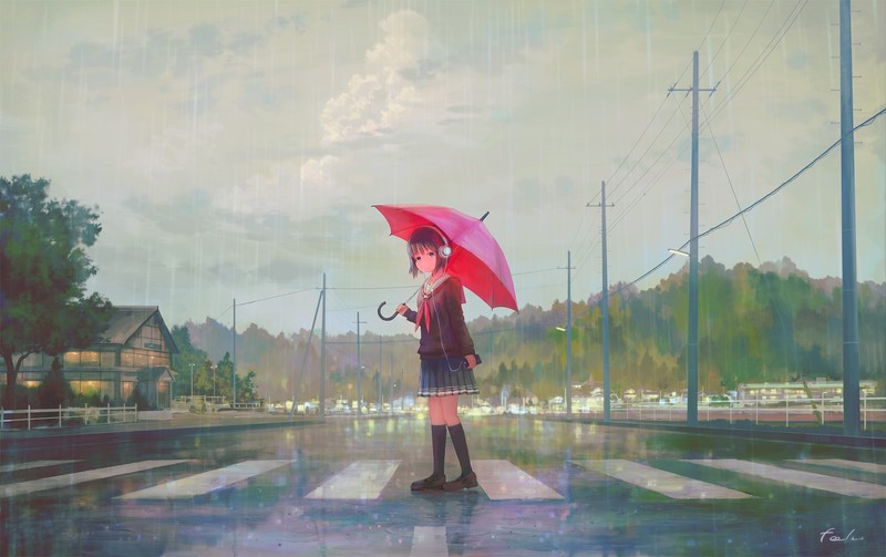 anime, anime girls, umbrella, original characters, rain, school uniform, headphones