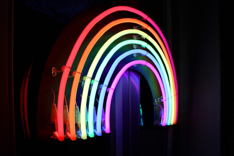 Madrid, Spain, rainbows, neon, neon lights, lights, signs, red, orange, yellow, green, blue, purple, colorful, shapes, pink, photography