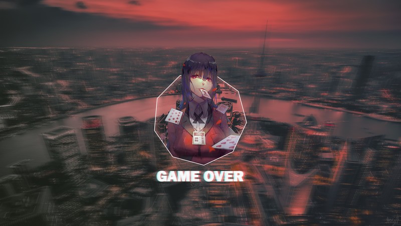 picture-in-picture, landscape, anime, anime girls, picture, playing cards, red eyes, purple hair