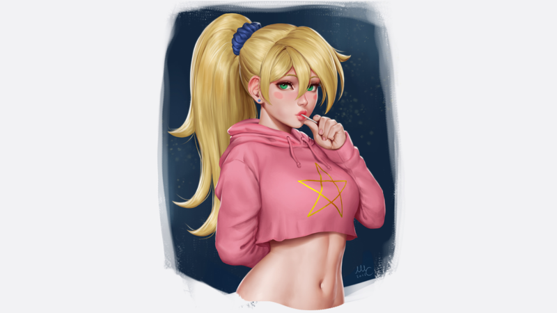 Dark Magician Girl, Yu-Gi-Oh, anime girls, blonde, long hair, ponytail, green eyes, looking at viewer, blushing, pink lipstick, lollipop, sweatshirts, belly, simple background, white background, Mirco Cabbia, Sciamano240, anime, 2018 (Year)