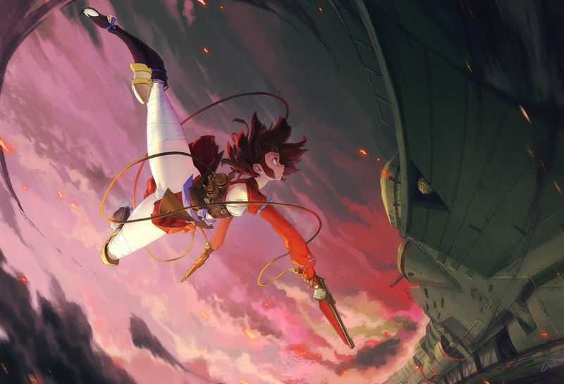 Koutetsujou no Kabaneri, anime girls, Mumei, fantasy weapon, brunette, short hair, small boobs, thigh high boots, train