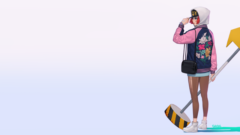 anime girls, original characters, women, redhead, blue eyes, looking into the distance, Band-Aid, watch, baseball caps, hoods, back, purses, ripped clothes, sneakers, concept art, simple background, minimalism, blood, shadow, artwork, drawing, digital art, illustration, 2D