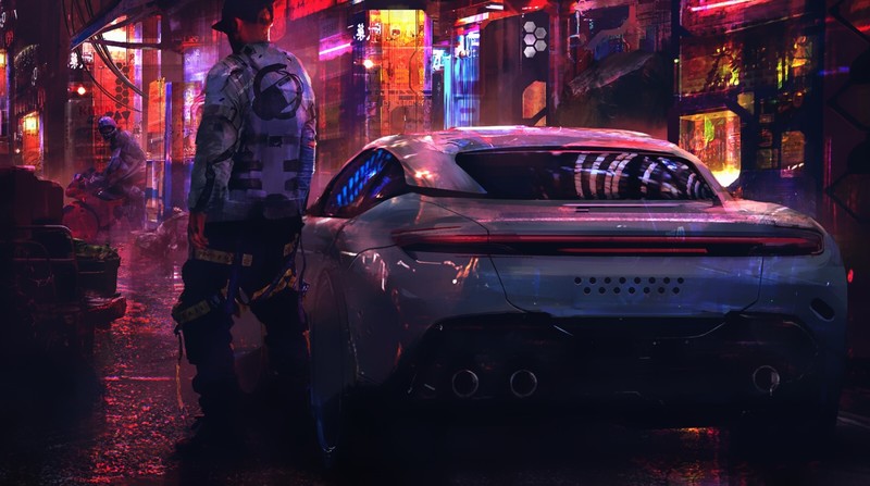 men, artwork, digital art, futuristic, cyberpunk, environment, science fiction, car, night, urban, baseball caps, sweatshirts, motorcycle, motorcyclist, alleyway, street, dark, concept art, drawing, illustration, Eddie Mendoza