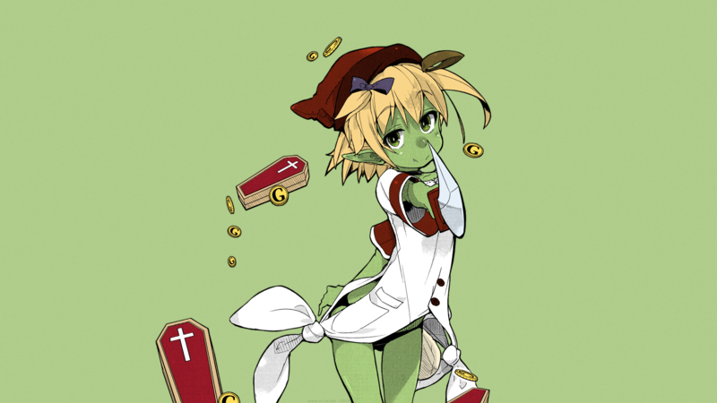 green skin, green eyes, short hair, blonde, monster girl, smiling, anime, manga, anime girls, Goblin Is Very Strong