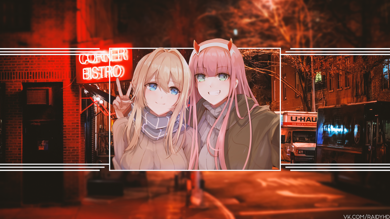 anime girls, picture-in-picture, anime, Zero Two (Darling in the FranXX), pink hair, blonde, blue eyes, smiling