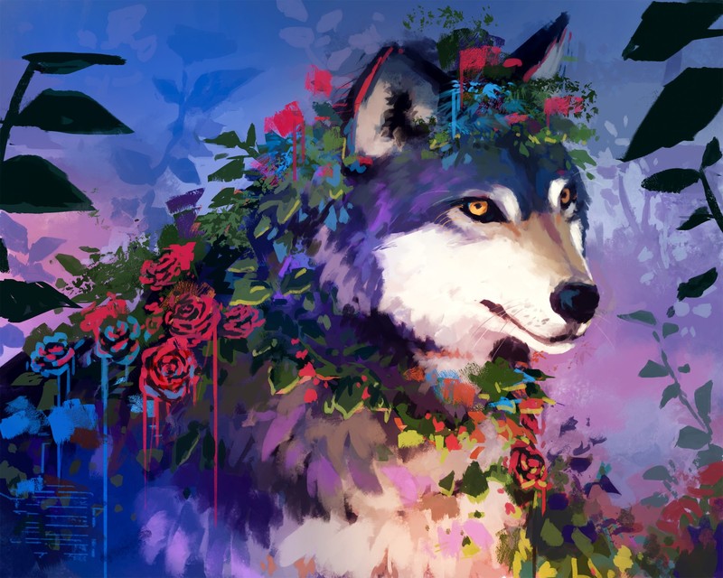 Hannah Jones, digital art, painting, colorful, dog, roses, plants, animals, flowers