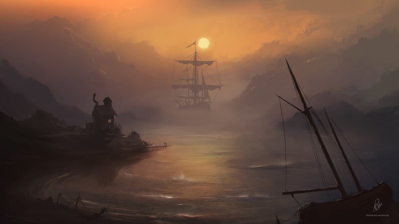 sailing ship, artwork, fantasy art, Sun, water