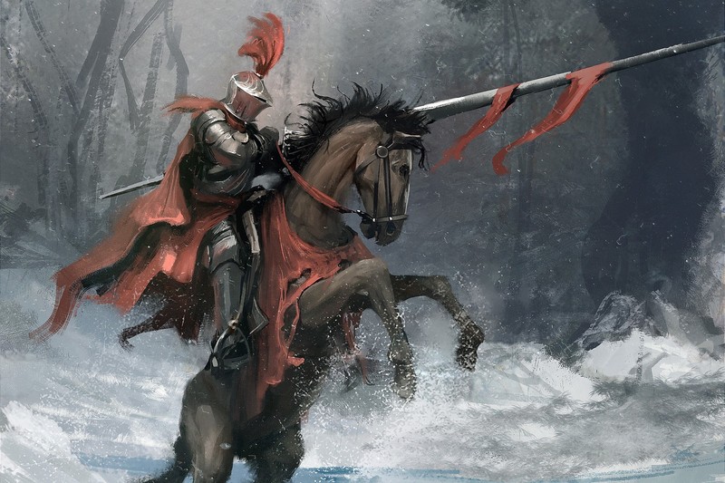 horse, knight, Fantasy Men, winter, snow, lance, fantasy art