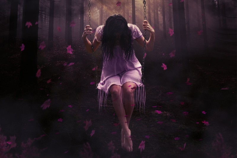 fantasy girl, dark, sitting, fantasy art, swings, leaves, dark hair, barefoot