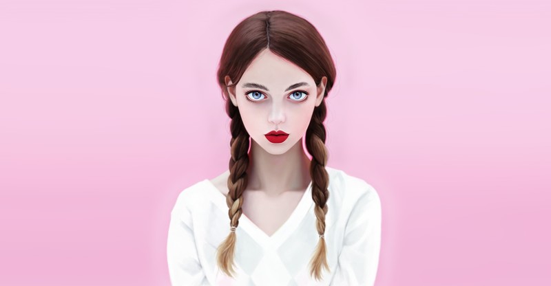 women, portrait, pink background, simple background, red lipstick, face, brunette, artwork, blue eyes