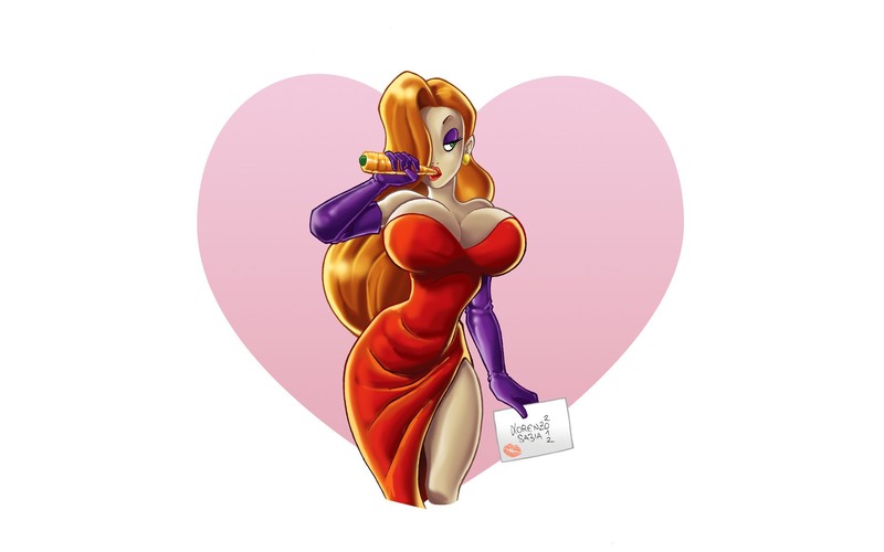 Jessica Rabbit, simple background, cartoon, big boobs, dress, carrot