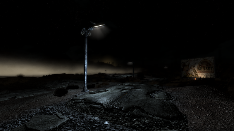 night, dark, billboards, mist, street light, lamp, Fallout, video games, screen shot, rock