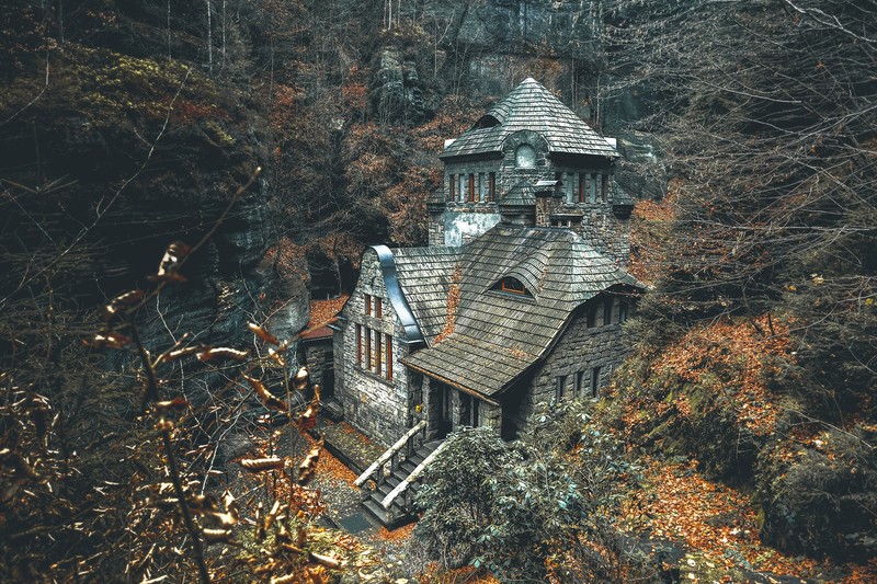 architecture, building, house, mansions, trees, fall, forest, leaves, Czech Republic, branch, fallen leaves, rock, Roman Malik