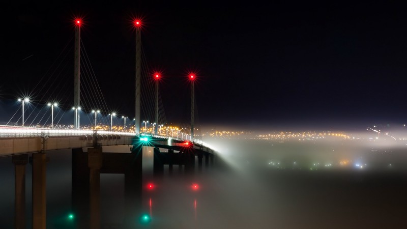 photography, night, dark, bridge, mist, cityscape, city lights, Scotland, reflection