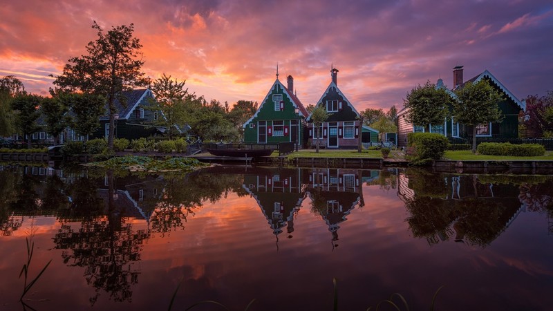 architecture, building, house, sunset, lake, reflection, trees, clouds, Netherlands