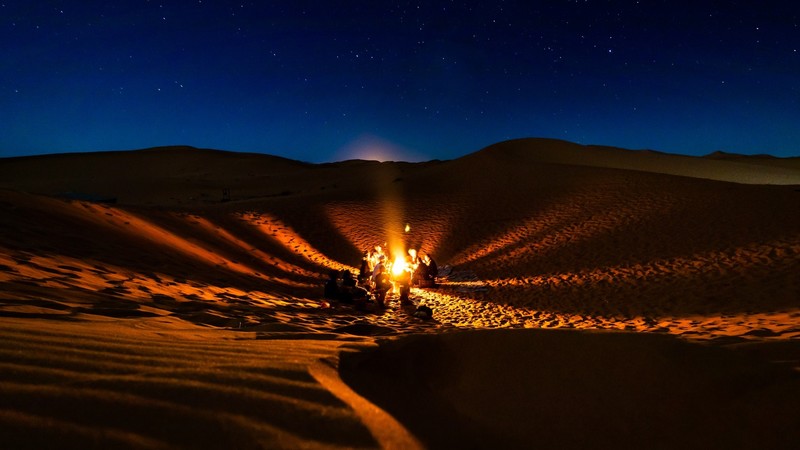 photography, night, dark, sand, desert, people, campfire, fire, clear sky, stars, dunes