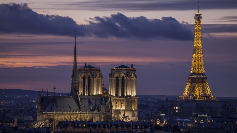 architecture, building, house, Paris, Eiffel Tower, clouds, evening, sunset, Notre-Dame, cathedral, capital, France